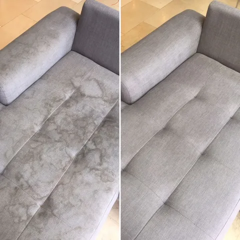 Before and after: heavily soiled grey sofa cleaning